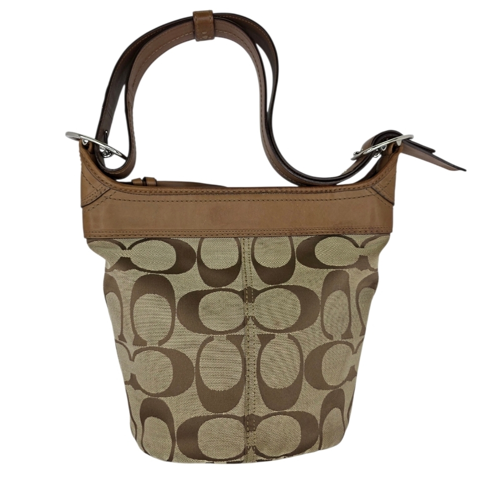 Y2k Coach Signature Canvas Bucket Medium Shoulder Bag F13358 Leather Silver